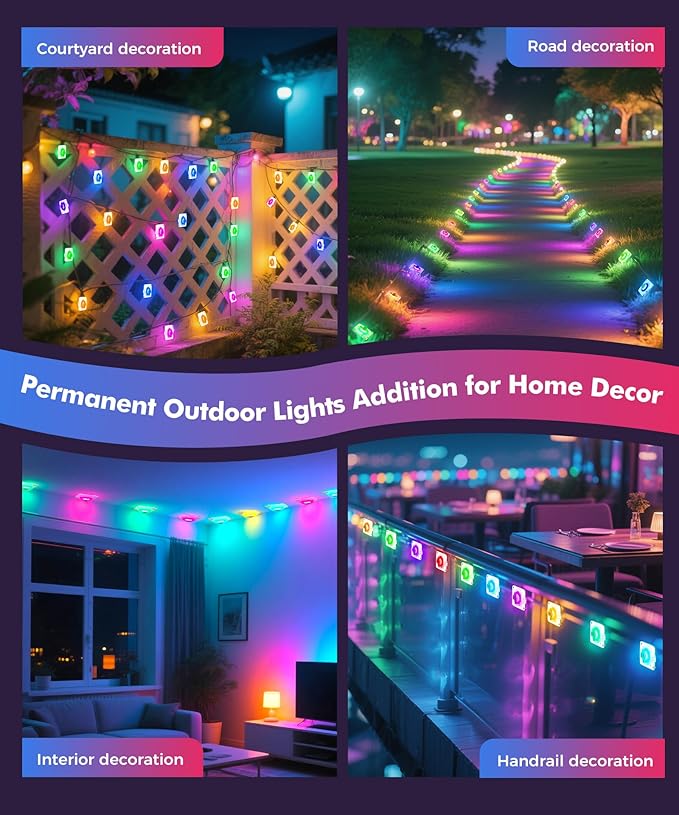 POOFZY Permanent Outdoor Lights for House,200ft RGB+IC Smart Outdoor Decor, 50 Scene Modes,App/Remote Control,for Christmas,Easter,V-Day,Thanksgiving,Daily & Holiday Party Decor