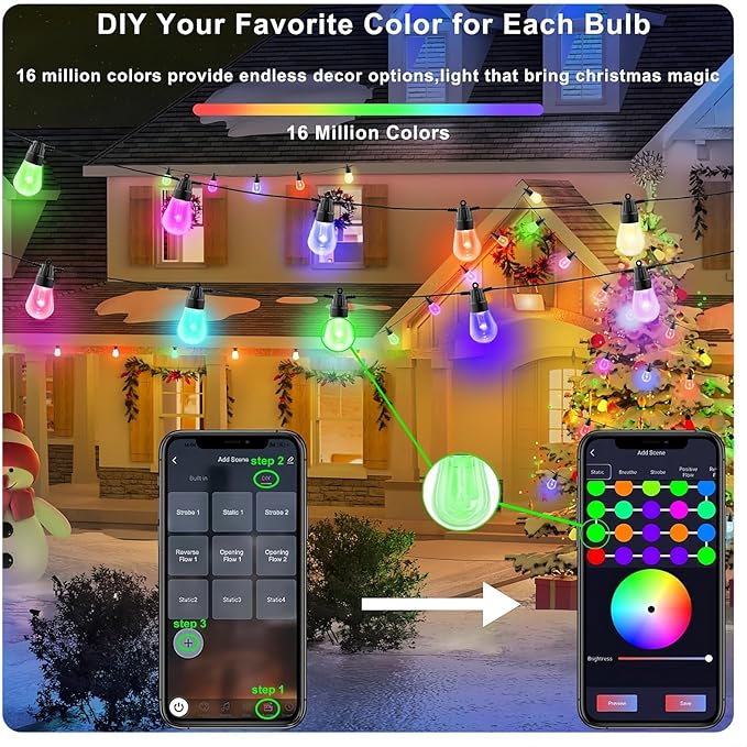 Outdoor String Lights 49ft, Outdoor Lights for Patio String Lights for Outside with 15 Dimmable LED Bulbs IP66 Waterproof, Shatterproof,APP Control & Remote Customizable Colors for Backyard Decor