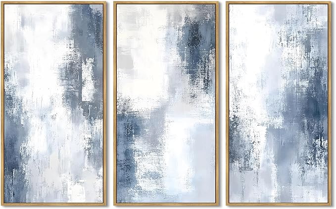 KUVIOKE Large 12x24in Abstract Wall Art Blue Gray White Minimalist Painting Modern Decor Bedroom Living Room Ready to Hang Natural Framed