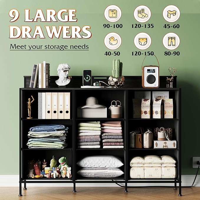 WLIVE Black Dresser TV Stand for 45, 50, 55 inch TV, Entertainment Center with LED Lights & Charging Station, Chest of drawers with 9 Fabric Drawers and Open Shelves for Living Room, Hallway, Wood Top