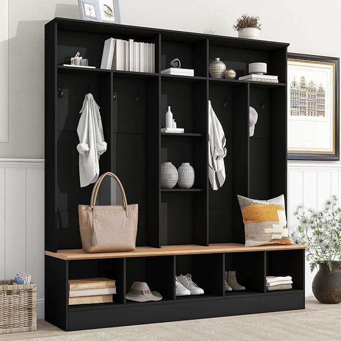 Merax 72'' H Hall Tree with Shoe Storage Bench, Modern Hall Tree with Storage Shelves & 8 Hooks, Coat Rack for Entryway, Mudroom, Hallway, Living Room,Black
