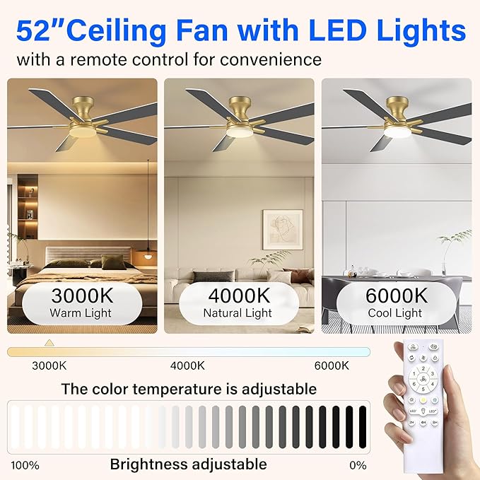 52 Inch Ceiling Fans with lights,RGB Low Profile Ceiling Fan with Light and Remote Control,Modern Flush Mount Ceiling Fans for Bedroom,Patio,Porch,Outdoor Indoor Use,in Black White and Gold,Quiet