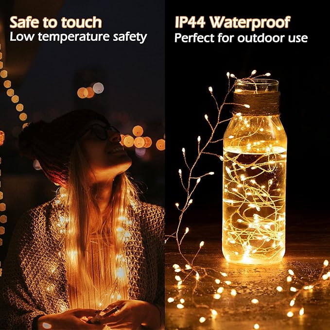 Minetom Fairy Lights Plug in, 10Feet 200LED Cluster String Lights, Copper Wire Waterproof Starry Firecracker Lights for Ceiling Bedroom Wreath Window Wedding Christmas Tree Decorations, Warm White