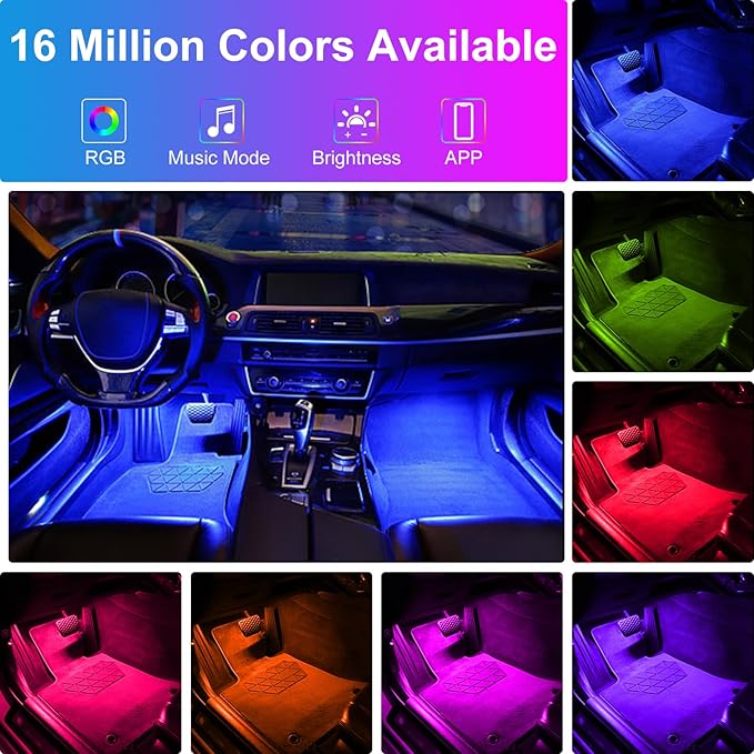 Car Interior LED Lights, APP Control with USB Port, RGB Color Change with Music Sync & DIY Mode, 48 LEDs Lights for Under Dash Running Board Truck