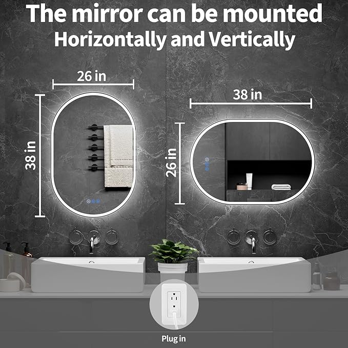 Oval LED Bathroom Mirror, 26"x 38" Frameless LED Mirror with Front Light and Backlit, Anti-Fog, Dimmable Modern Wall Mounted Lighted Mirror，Pill-Shaped Smart Mirror Bathroom