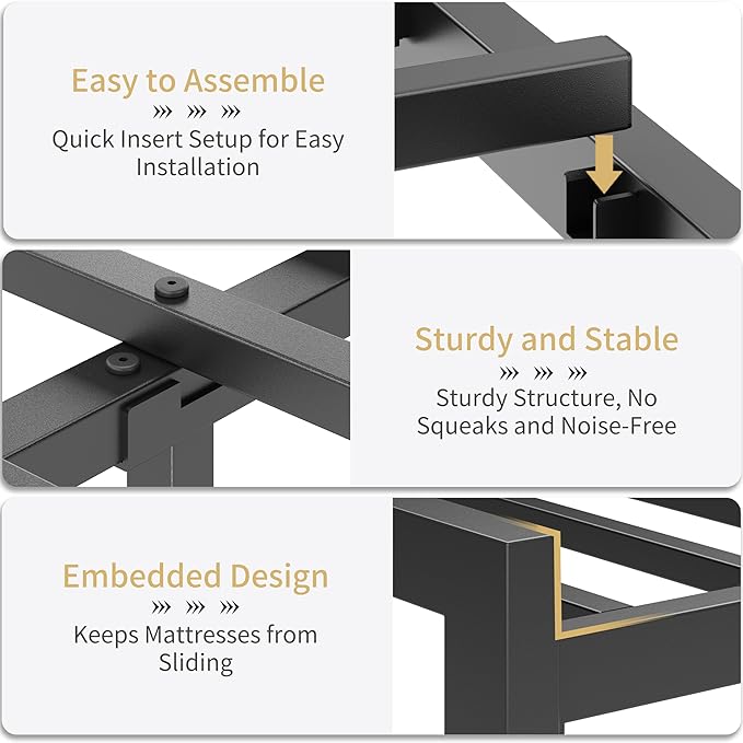 Queen Size Black Metal Bed Frame with USB Charging Station, LED Ambient Lighting, and Wooden Storage Headboard - Includes Under-Bed Storage, No Box Spring Needed, Noise Free, Easy Assembly