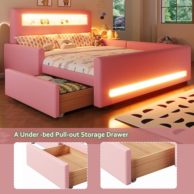 MERITLINE Full Size Upholstered Platform Bed with Drawer, App-Controlled RGB LED Light Strip & USB Port, PU Fabric Storage Bed (Pink) | LED light, Storage Drawer
