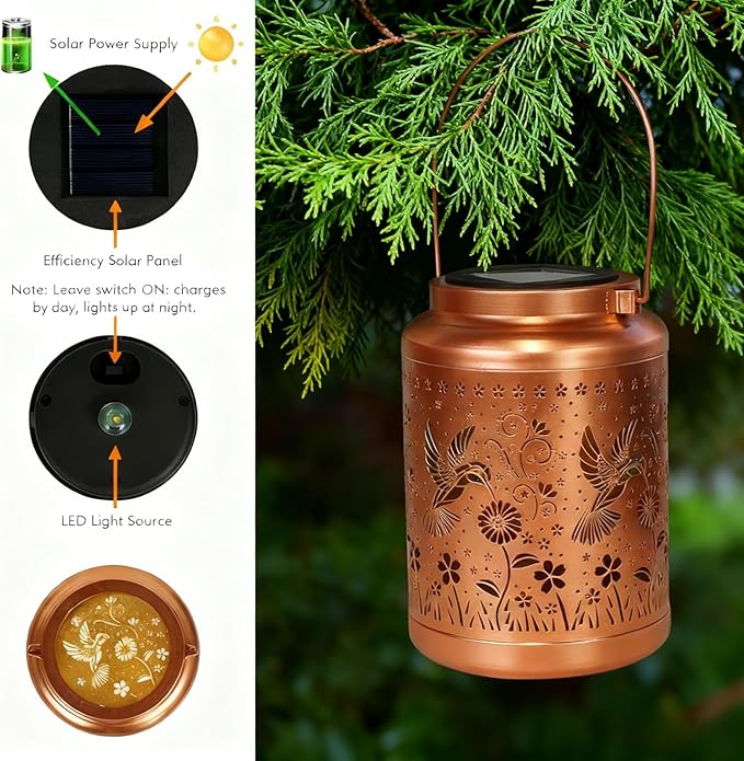 Gifts for Women Mom, 2 Pack Solar Lanterns Outdoor Garden Solar Lights Waterproof Hummingbird Decorative Hanging Metal Lights Gardening Gift for Outside Yard, Patio, Backyard, Farm