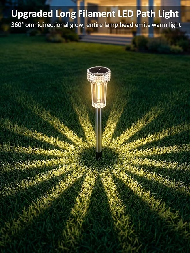 DERAYSION 12 Pack Solar Pathway Lights Outdoor, Auto Dusk-to-Dawn Landscape Garden Lighting, Waterproof Stainless Steel Pole Lighting for Path, Yard, Walkway, Garden, Driveway Decor - Warm White