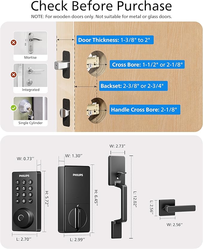 Philips Wi-Fi Smart Door Lock Deadbolt with Handle Set, Keyless Entry Door Lock for Front Door Set, Portable Fingerprint Door Lock with App Control, IP53 Waterproof, Auto Lock, Alexa Voice Control