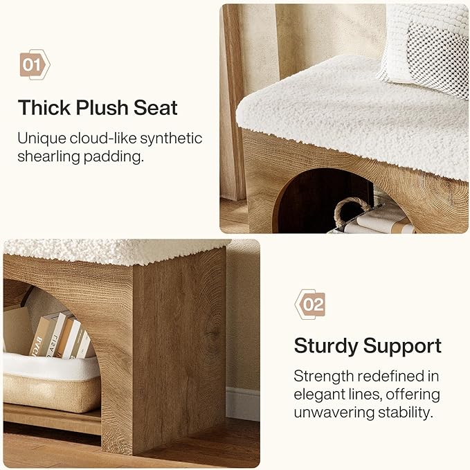 Tribesigns 63" Upholstered Entryway Bench, 2-Tier Entry Shoe Bench with Cushion and Storage Shelf, Farmhouse Padded Bench for Bedroom, Hallway, Foyer, Wood Color