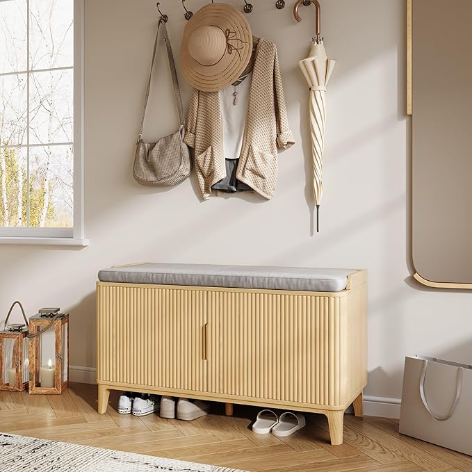 39.4" Fluted Shoe Cabinet Storage with Bench, 2-Tier Entryway Bench with Adjustable Shelves and Detachable Cushioned Seat, Shoe Organizer Bench Cabinet for Entryway, Living Room, Hallway Natural