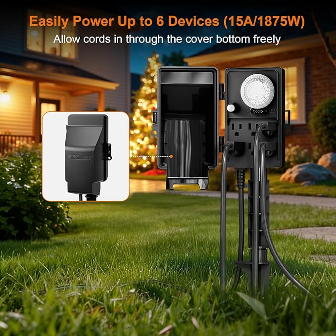 SURAIELEC Outdoor Power Stake, 24-Hour Mechanical Light Timer, Electrical Power Strip Weatherproof, 6FT Extension Cord Multiple Outlets Plug for Patio Lights, Halloween Decorations. Outdoor Light