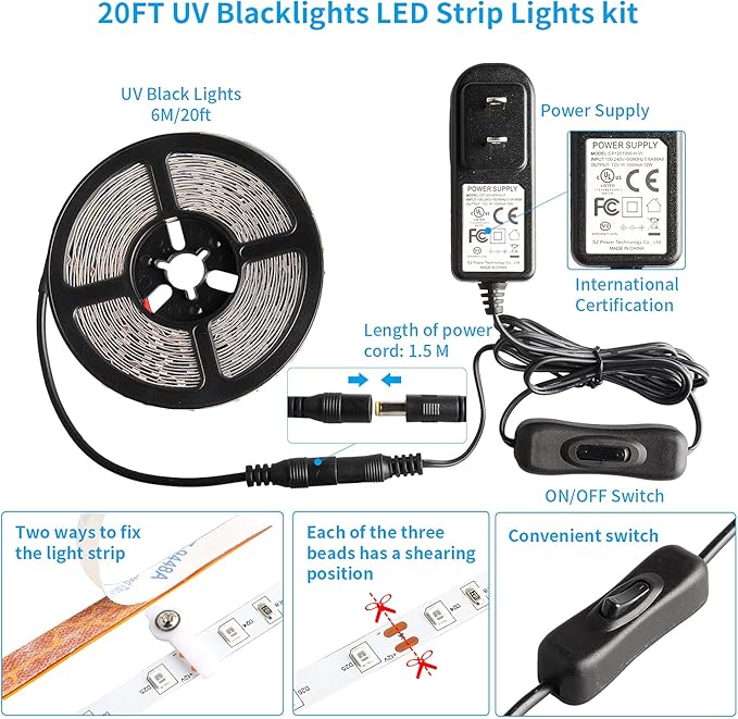 20FT Black Light Strip, 360 Lamp Beads, Flexible LED Blacklight Kit, 12V Blacklight Strips, Non-Waterproof for Indoor Decoration,Fluorescent Poster, Glow Party, Birthday, Wedding, Halloween