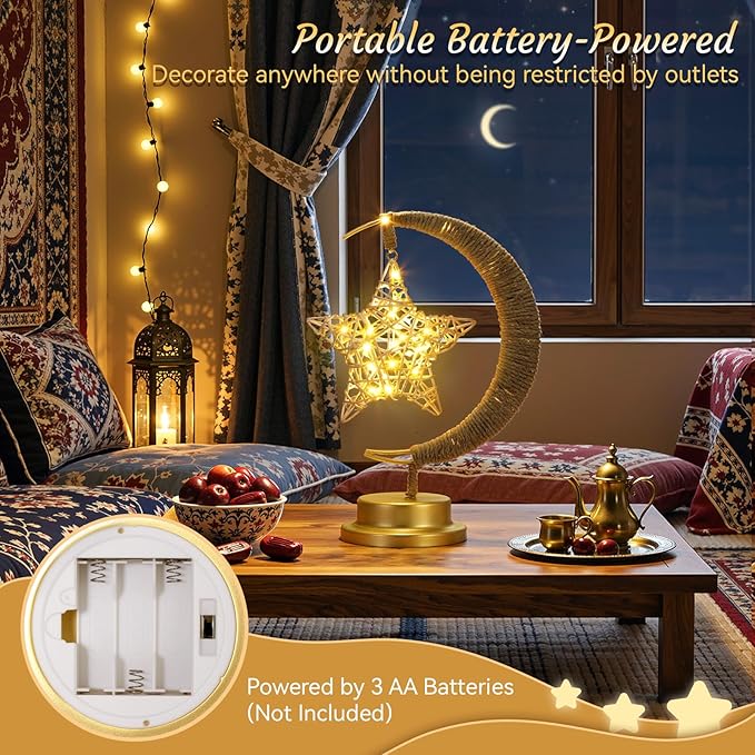 Lewondr Ramadan Moon Lamp with Rattan Star, Lunar Lamp for Night Stands, Battery Powered Ramadan Desk Lamps Decorations, Gold Crescent Table Light Bedside Lamps for Desktop Nursery Kids Room Decor