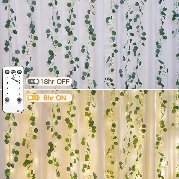 suddus 200 LED Vine with Light Plug in, 6.5ft x 6.5ft Eucalyptus Fairy Curtain Lights with Remote, Leaf Fairy Lights for Wall,Bedroom, Dorm, Wedding, Party, Indoor Decor(Warm White)