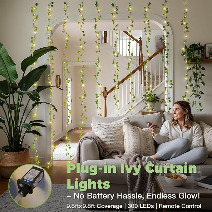 suddus 300 LED Vines with Lights Plug in, 9.8ft x 9.8ft Fairy Lights with Vines, Ivy Curtain Lights for Wall, Bedroom, Dorm, Wedding, Party, Indoor, Outdoor Decor(Warm White)