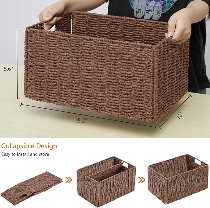 Vagusicc Wicker Storage Basket, Set of 2 Hand-Woven Paper Rope Wicker Basket, Small Storage Baskets for Organizing Toilet Paper, Foldable Large Cube Storage Organizer Baskets Bin for Shelves (Brown)