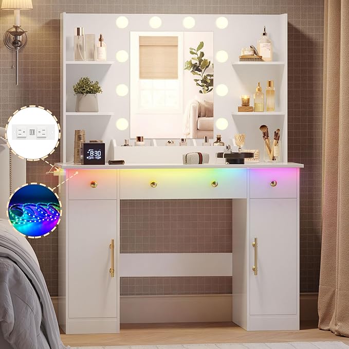 Makeup Vanity Desk with Mirror and Lights, 43" White Vanity Set with 3 Drawers, Power Outlet & Adjustable RGB LED Lights, Dressing Table with Storage Shelf for Women & Girls Bedroom