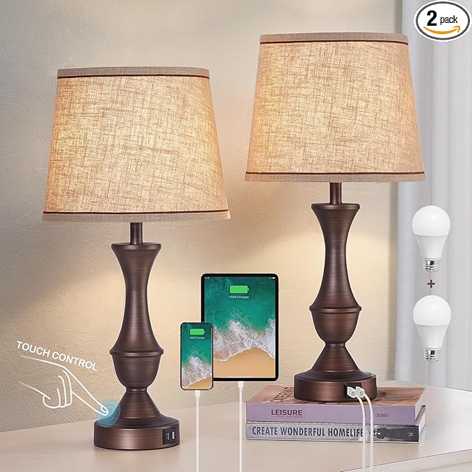 Luvkczc Touch Table Lamps Set of 2, 22" Tall Bedside Lamps with USB C+A Ports, Dimmable Table Lamp, Nightstand Lamps for Bedroom, Living Room, Office, Brown Lamps with Beige Lampshade, Bulbs Included