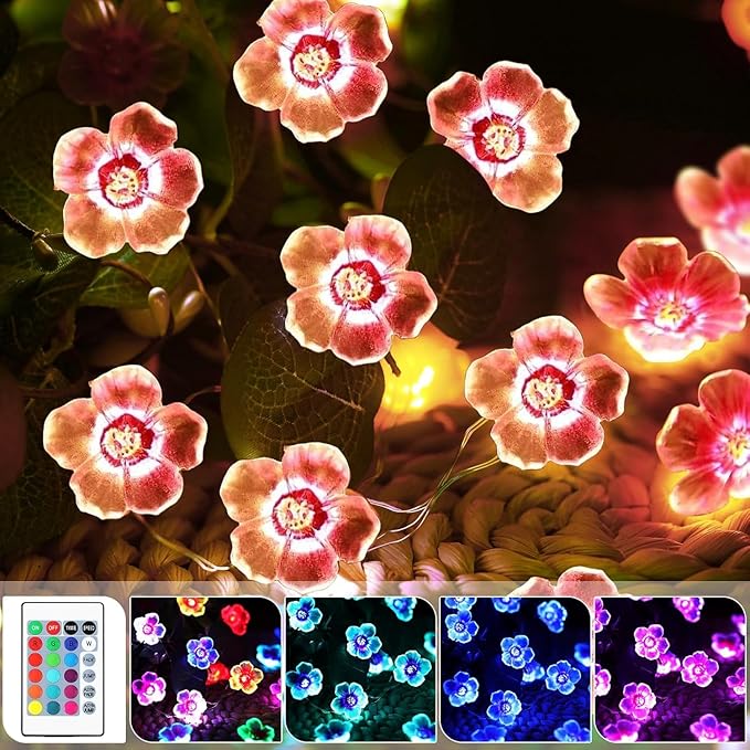 Mudder 16 Colors Cherry Blossom Decor Flower String Lights, Fairy Pink Light String with Timer 13 ft 40 LEDs USB Battery Operated Fairy Lights for Bedroom Indoor Outdoor Wedding Valentines Day(1 Pcs)