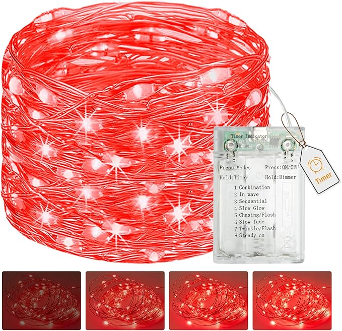 btfarm Valentines Day Fairy Lights Battery Operated with Timer, 16.4 FT 50 LED Silver Wire Twinkle String Lights 8 Modes Dimmable Waterproof for Indoor Home Party Christmas Bedroom Wedding, Red