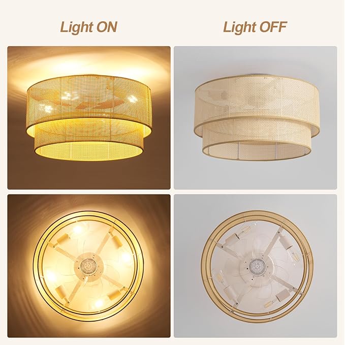 20 Inch Boho Caged Ceiling Fans with Lights Flush Mount, Rattan Ceiling Fan with Light Remote Control with Reversible 6 Speeds for Bedroom, Nursery, Living Room, E26, Base, Indoor