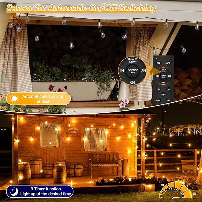 Ollny S11 Outdoor String Lights with Remote, 30 FT 3 Modes Dimmable Timers Waterproof Connectable Patio Lights, 15+1 LED Spare Bulb Dusk to Dawn Hanging Light for Indoor Porch Balcony Cafe