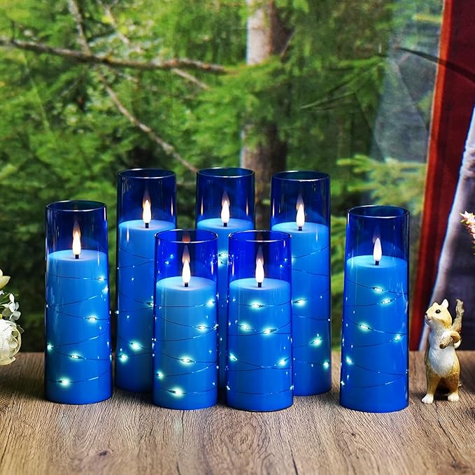 Flameless Candles with Embedded Star String, Battery Operated LED Pillar Candles with Timer and Remote Control,Home Decorating for Ambiance， Set of 7 (Blue)