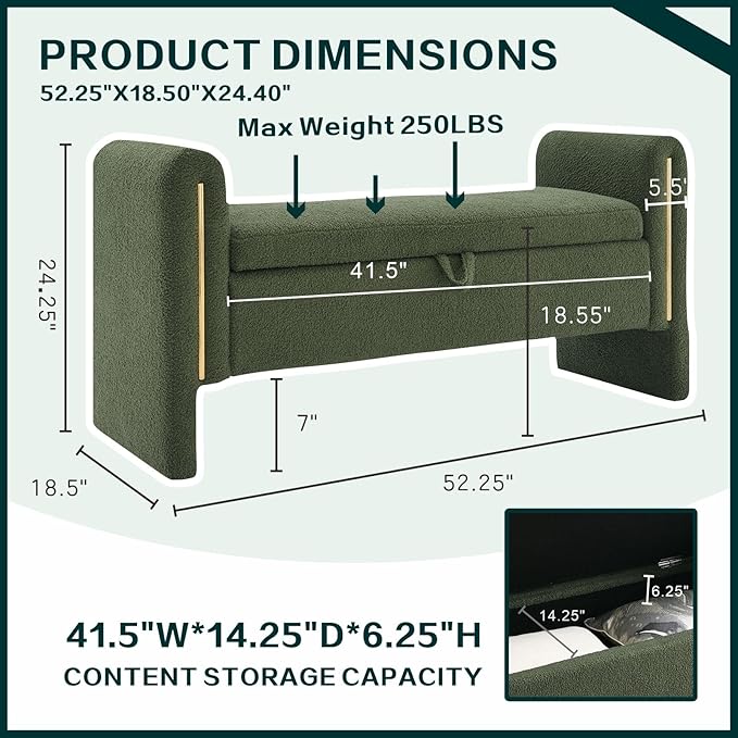 Modern 52" Storage Ottoman Bench, Upholstered End of Bed Storage Bench with Armrests, Entryway Bench, Teddy Foot Rest Stool for Living Room Hallway Bedroom (Green)