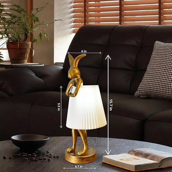 Cordless Rabbit Table Lamp Rechargeable LED 5000mAh, 15.7” Cute Decorative Night Light with Linen Shade & Gold-Tone Bunny Design, Portable Touch Dimmable Bedside Lamp for Bedroom, Home Decor (White)