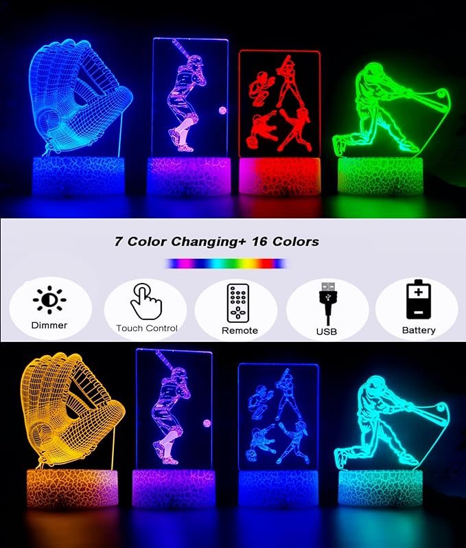 3D Baseball Night Light - 4 Patterns Hologram Illusion Lamp With Remote Control/Smart Touch, 16 Colors Changing, Room Decor, Gift for Boys Girls (Style 9)