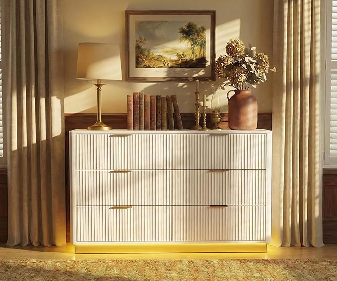 Fluted Dresser for Bedroom with 6 Drawers, 54" Wide Modern Chest of Drawers with Lighting, Wooden Dresser TV Stand with Curved Edges, Closet Organizer for Living Room, Hallway,White