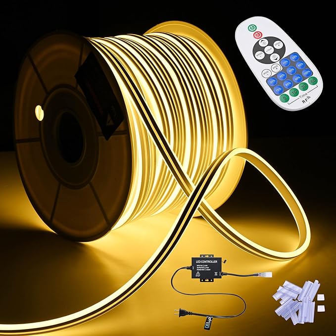 DELight AC 110-120V Waterproof IP65 Retro 2700K Warm White 150ft Ceiling Neon Rope Lights with Remote Control Dimmable Cuttable Flexible LED Strip Lights Outdoor Patio Lawn Roof DEL-D150W