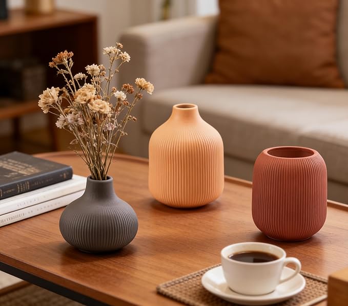 Modern Ceramic Vase Set 3 Small Flowers Decorative Vase Farmhouse Home Living Room Dining Table Room Desk Pottery
