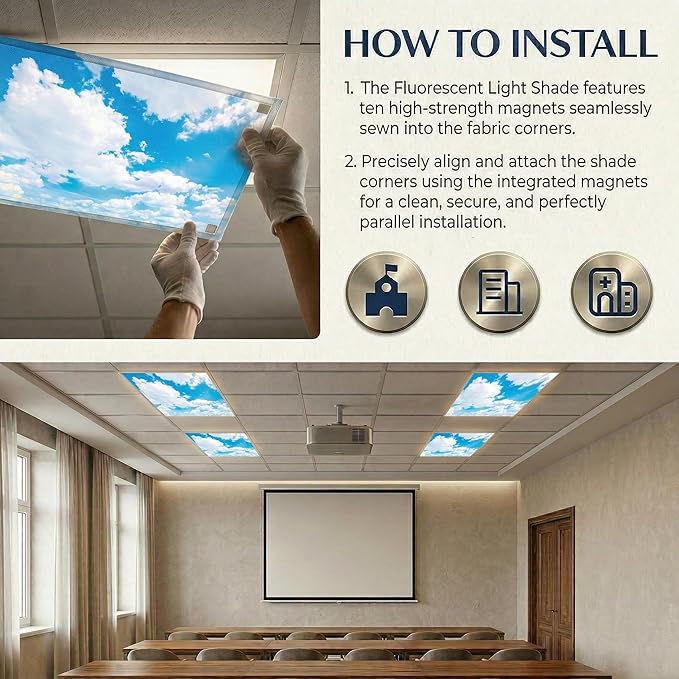 4 Pack Fluorescent Light Covers for Ceiling Lights -Magnetic Cloud Cover for Fluorescent Or LED Fixture 2ft x 4ft Classroom,Home,Office Decoration Filters Overhead Lighting White cloud
