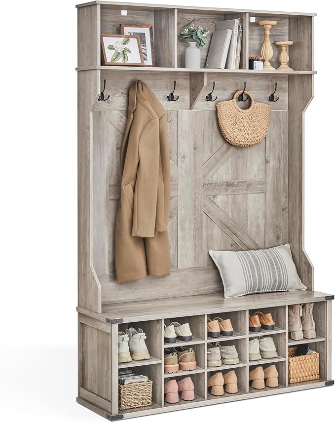 VASAGLE Hall Tree with Bench and Shoe Storage, Coat Rack with Shoe Bench, Entryway Furniture, 16 Open Compartments, 6 Tri-Hooks, Farmhouse Style, Space Saving, Heather Greige UHSR427K02