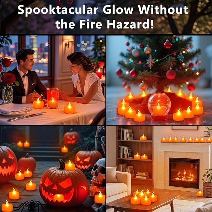 Tea Lights Battery Operated Candles LED Tea Lights Flameless Candles 200+ Hours Flickering Fake Tealights for Sweetest Day Wedding Home Decorations Party (Orange Base, 12 Pack)
