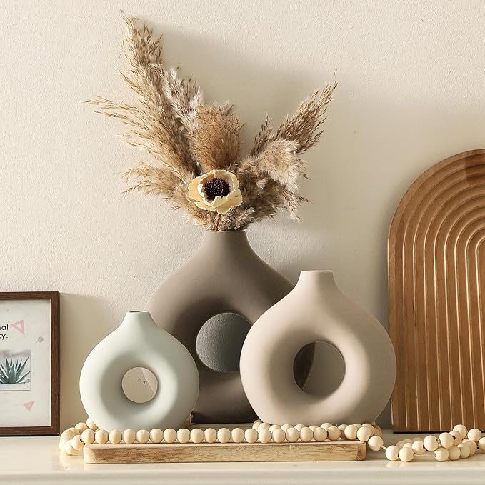 Ceramic Vase Home Table Decor - Flower Vases Set of 3 Small Living Room Centerpiece Decorations for Shelf Bedroom Office Kitchen Dining Desk Modern Aesthetic Farmhouse Decorative (Farmhouse)