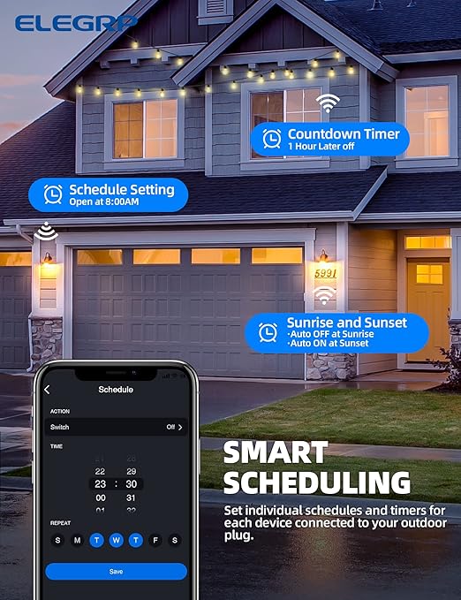 ELEGRP PQR10 Outdoor Smart Plug Waterproof IP66, WiFi Plug Compatible with Alexa & Google Assistant, Smart Outdoor Outlet for String Lights, No Hub Required, 1875W Max, UL Certified, 2 Pack, Black