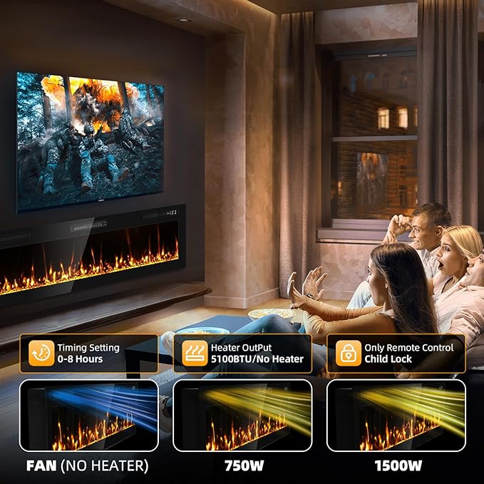 2025Upgraded 60” Recessed and Wall Mounted Electric Fireplace, The Thinnest Narrow Beleze Fire Places with Remote Control, Screen Control,Adjustable Flame Colors and Speed