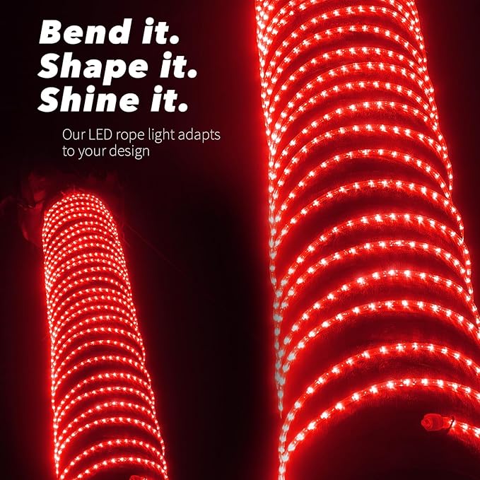 WYZworks 216LEDs, 20ft LED Outside Rope Lights, Waterproof Permanent Outdoor ETL Certified Connectable Clear Tube, Christmas Palm Tree Holiday Decorative Landscape Patio Accent Lighting - Red