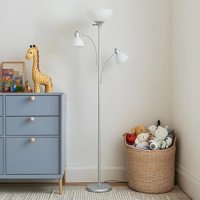 Brightech Sky Dome Double LED Floor lamp, Torchiere Super Bright Floor Lamp with 2 Reading Lamps for Living Rooms & Offices - Dimmable Tall Standing Lamp for Bedroom Reading - Tall Silver Pole