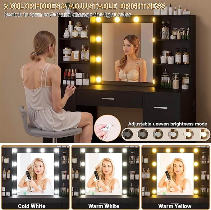 Vanity Desk with Mirror and LED Lights, Large Vanity with 7 Drawers and 6 Shelves, Make up Vanity Dressing Table with Charging Station for Girls, Women (Black)