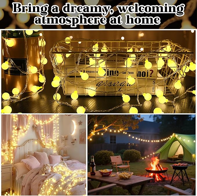 String Lights for Bedroom, 200 LED Globe Plug in Fairy Lights, 66FT Connectable Warm White Twinkle Lights with 8 Lighting Modes, Cozy Bed & Wall Decor, Waterproof for Outdoor Use