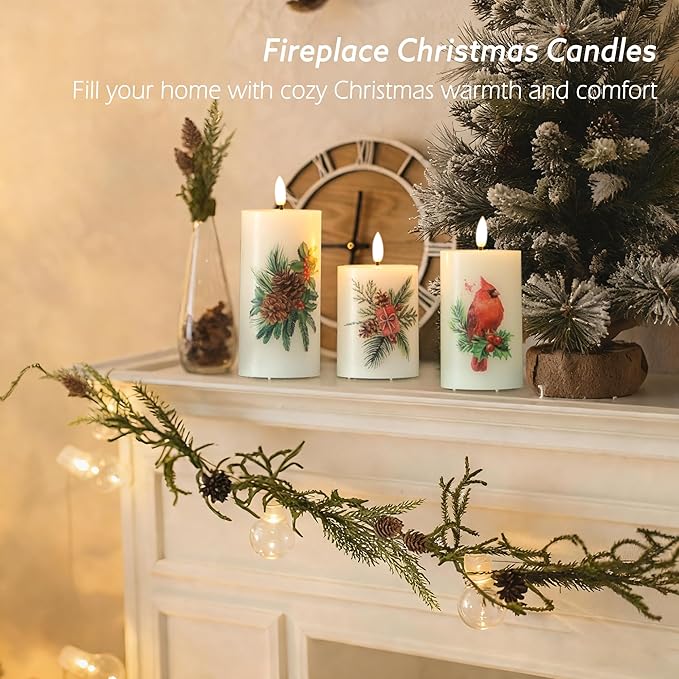 Flameless Pillar Candles with Remote, 3 Pack Battery Operated Real Wax LED Candles, Perfect for Home Decorations Fireplace Table, Christmas Sticker