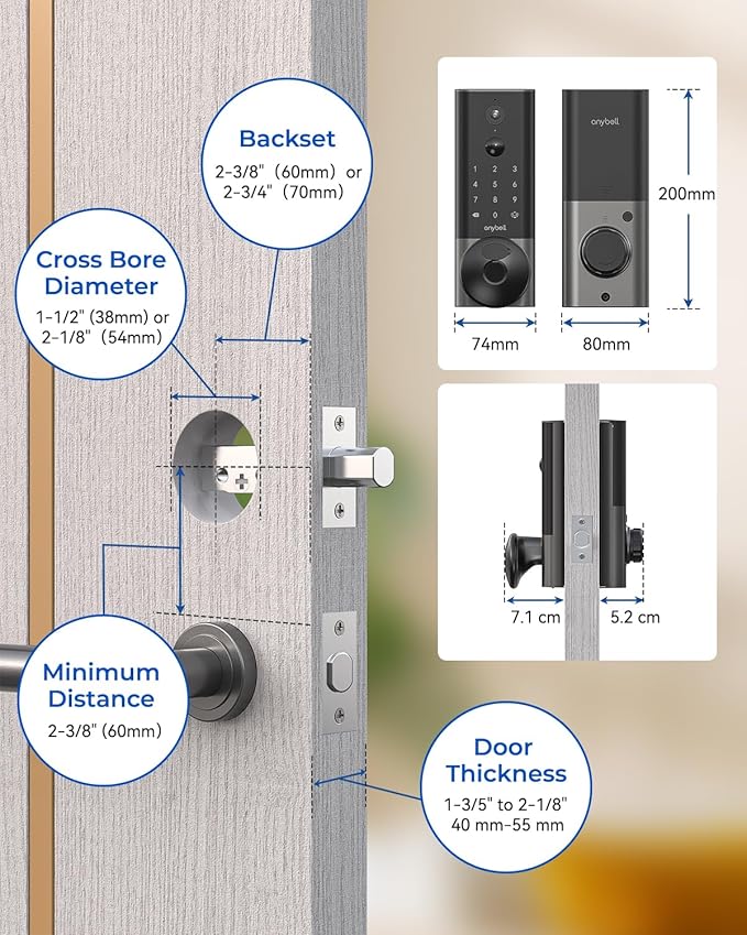 Fingerprint Smart Door Lock, ANYBELL Keyless Entry Door Lock with Camera, Built-in Wi-Fi Deadbolt for Front Door, Auto Lock, Cloudege App Control, Night Vision & Two-Way Audio, Home Security