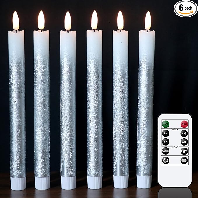 Wondise Flameless Taper Candles with Remote & Timer, 9 Inch Real Wax Silver Battery Operated LED Flickering Candles for Christmas Thanksgiving Decorations