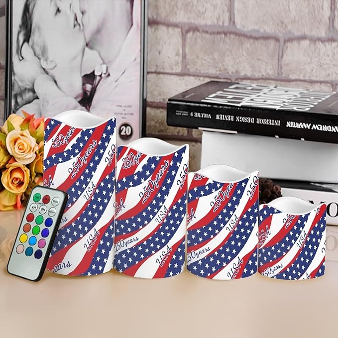 250 Years of America Pillar Led Candles Set of 4 Star Stripes Patriotic Candle Warmer Lamp Fourth of July Remote Control Candles Modern Decors for Indoor Outdoor Parties