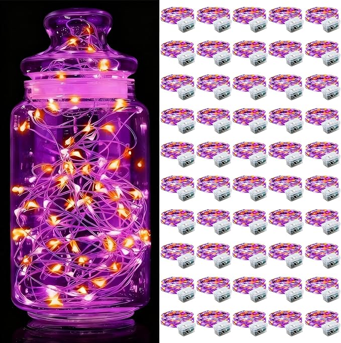 Aogist 50 Pack Fairy Lights 3 Modes 7ft 20 LED Waterproof,Battery Operated Silver Wire Firefly Starry Moon Mini String Lights for Mason Jars Christmas DIY Crafts Wedding Party Bedroom,Orange&Purple